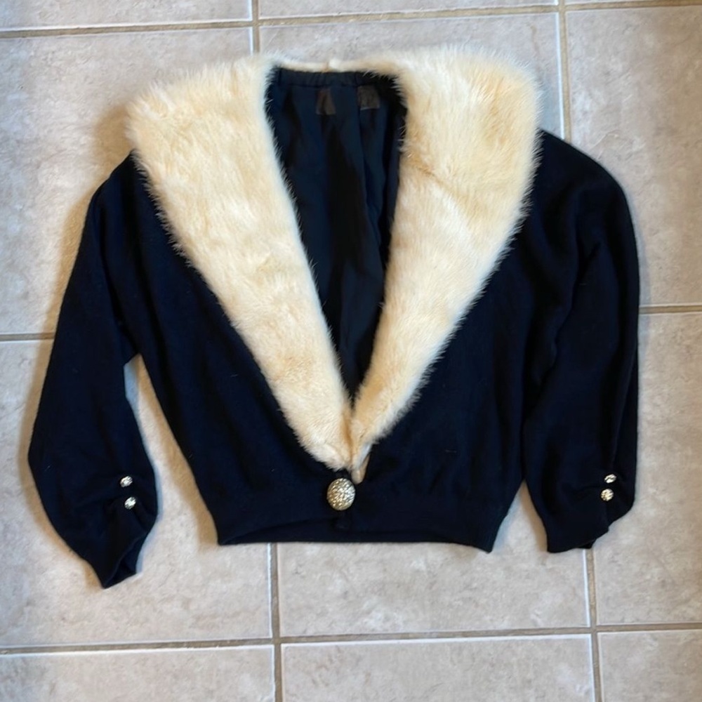 Vintage Pringle Of Scotland Cashmere Cardigan Sweater Jacket Mink Fur Collar S-M - Picture 3 of 11